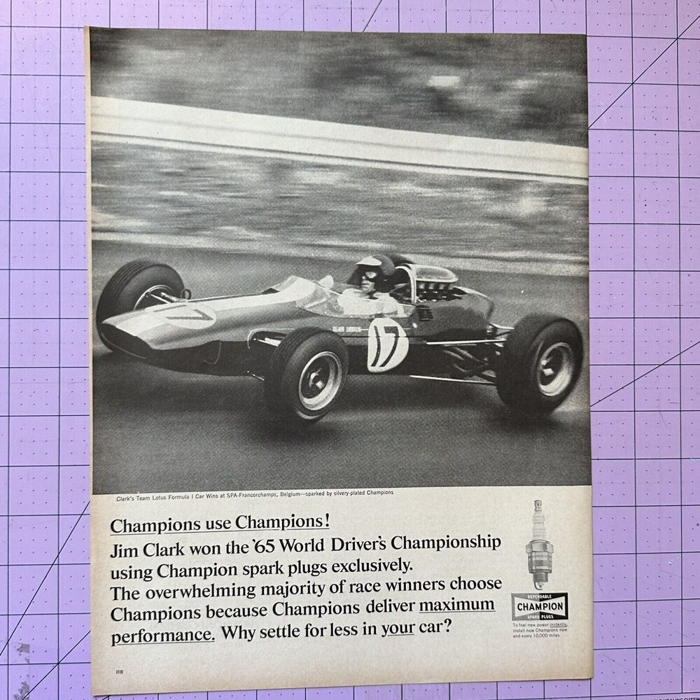 1965 Print Sales AD Art Advertisement CHAMPION Spark Plugs Formula 1 Racing
